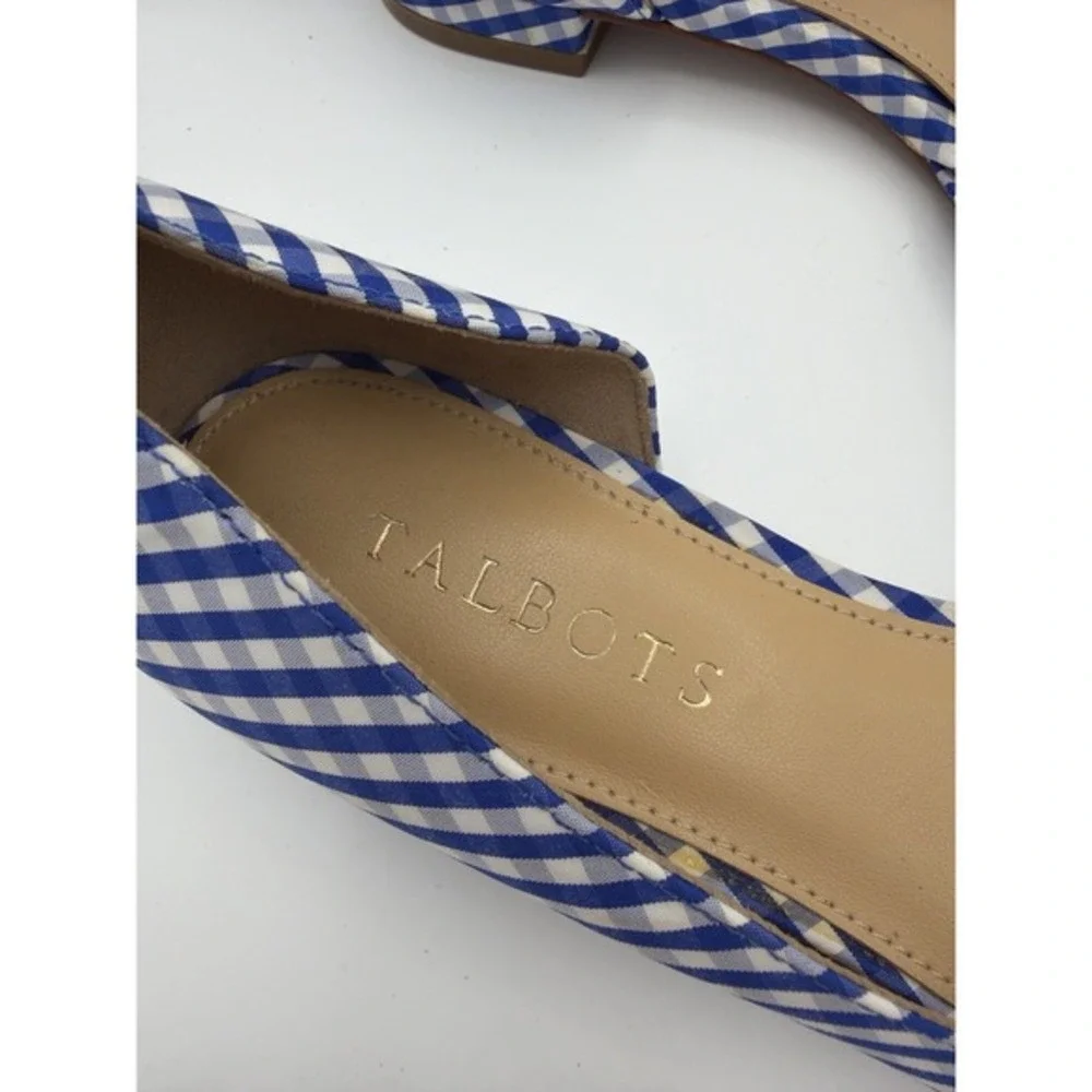 Talbots Gingham Bow D'Orsay Flats Blue White Low Block Heel 6M. ‎       1652